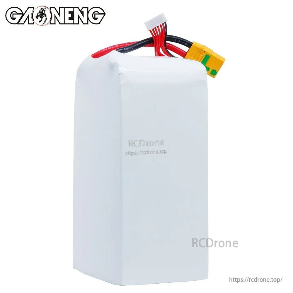 Rear plain side view of white GAONENG battery casing with XT90S power lead on top
