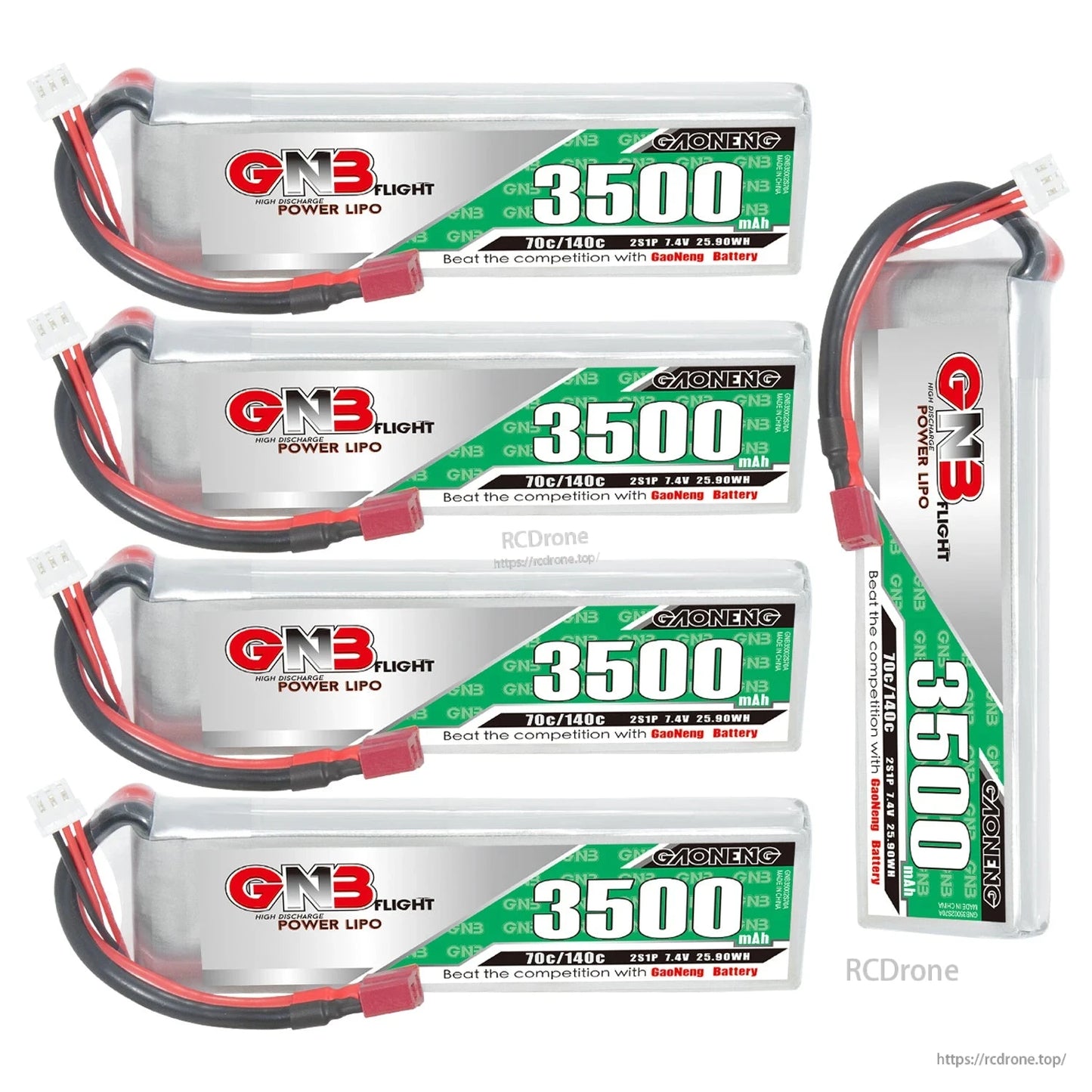 Four batteries plus one upright pack shown together, highlighting label and cable connectors