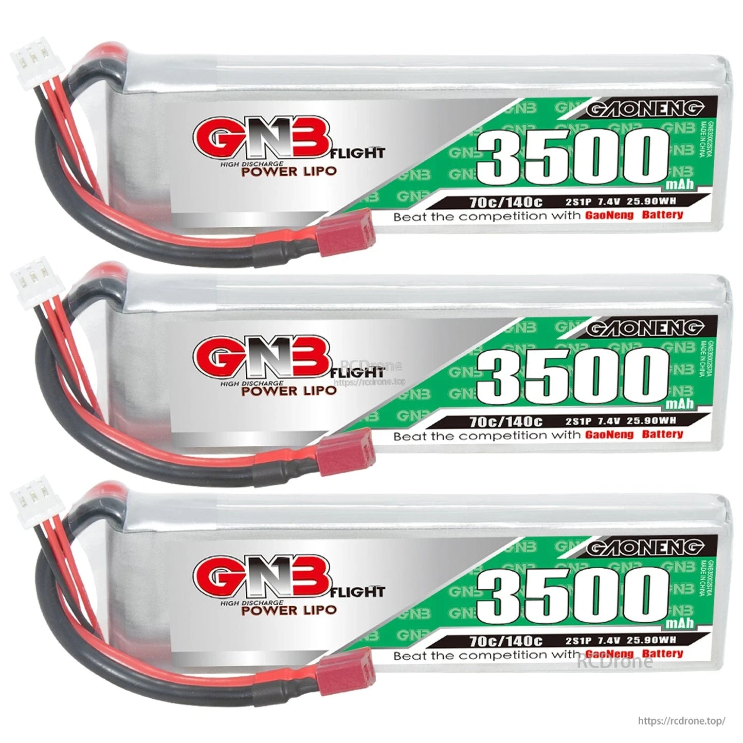 Three GNB 3500mAh LiPo batteries stacked horizontally with T-plug and balance leads