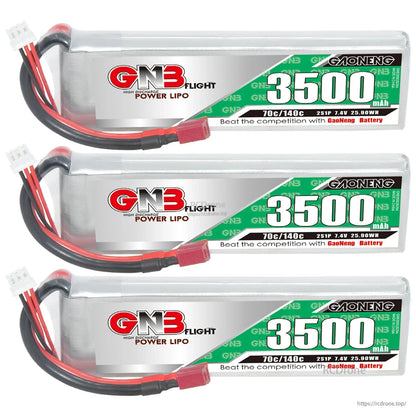 Three GNB 3500mAh LiPo batteries stacked horizontally with T-plug and balance leads