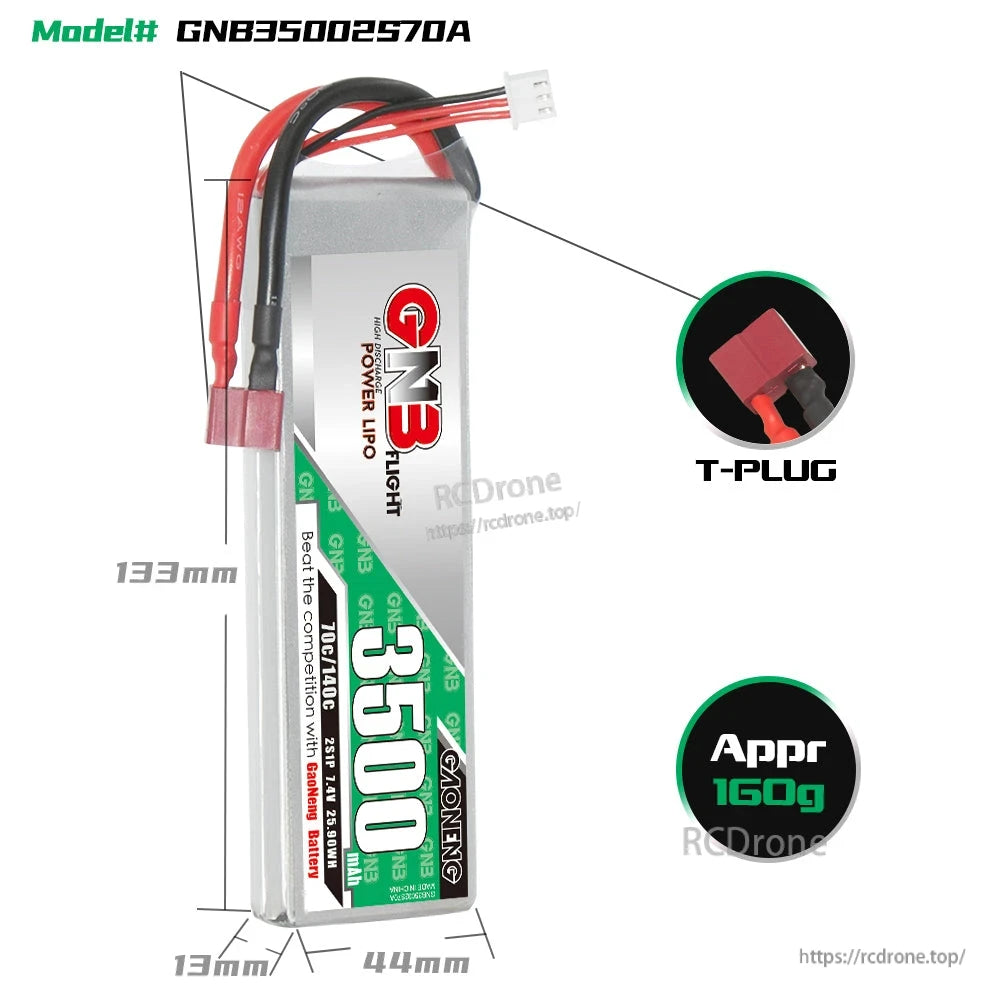 GNB35002S70A battery size diagram with dimensions and T-PLUG connector close-up, approx 160g