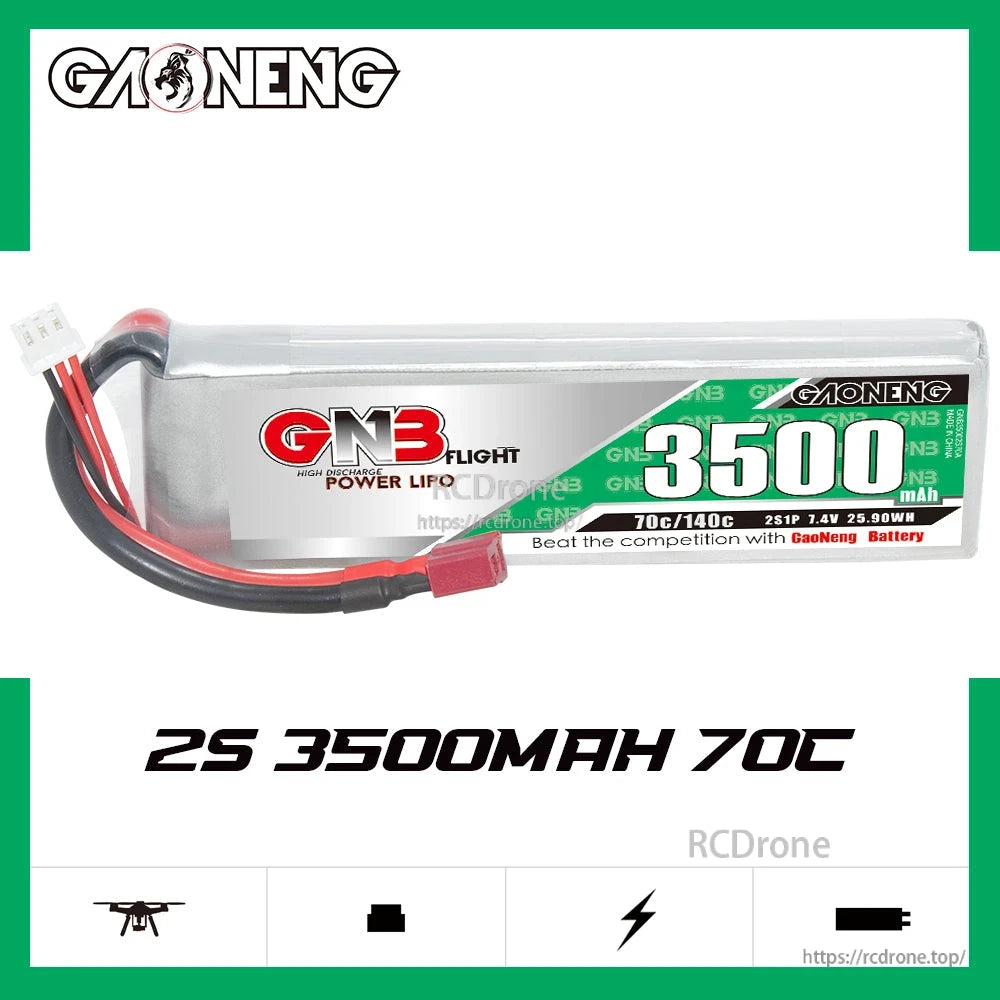 GAONENG GNB35002S70A 2S 3500mAh 70C LiPo battery banner with label and connector lead