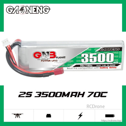 GAONENG GNB35002S70A 2S 3500mAh 70C LiPo battery banner with label and connector lead