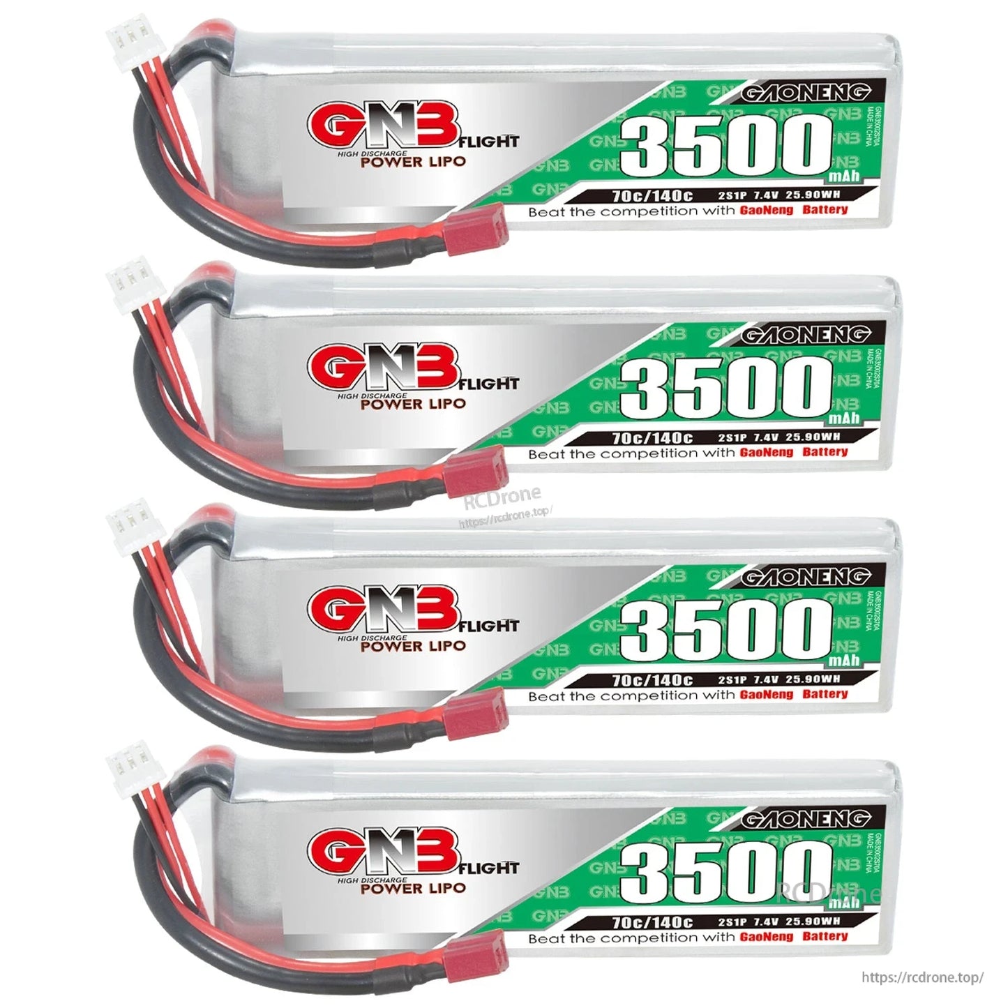 Four GNB 3500mAh LiPo batteries stacked, showing labels and attached T-plug connectors