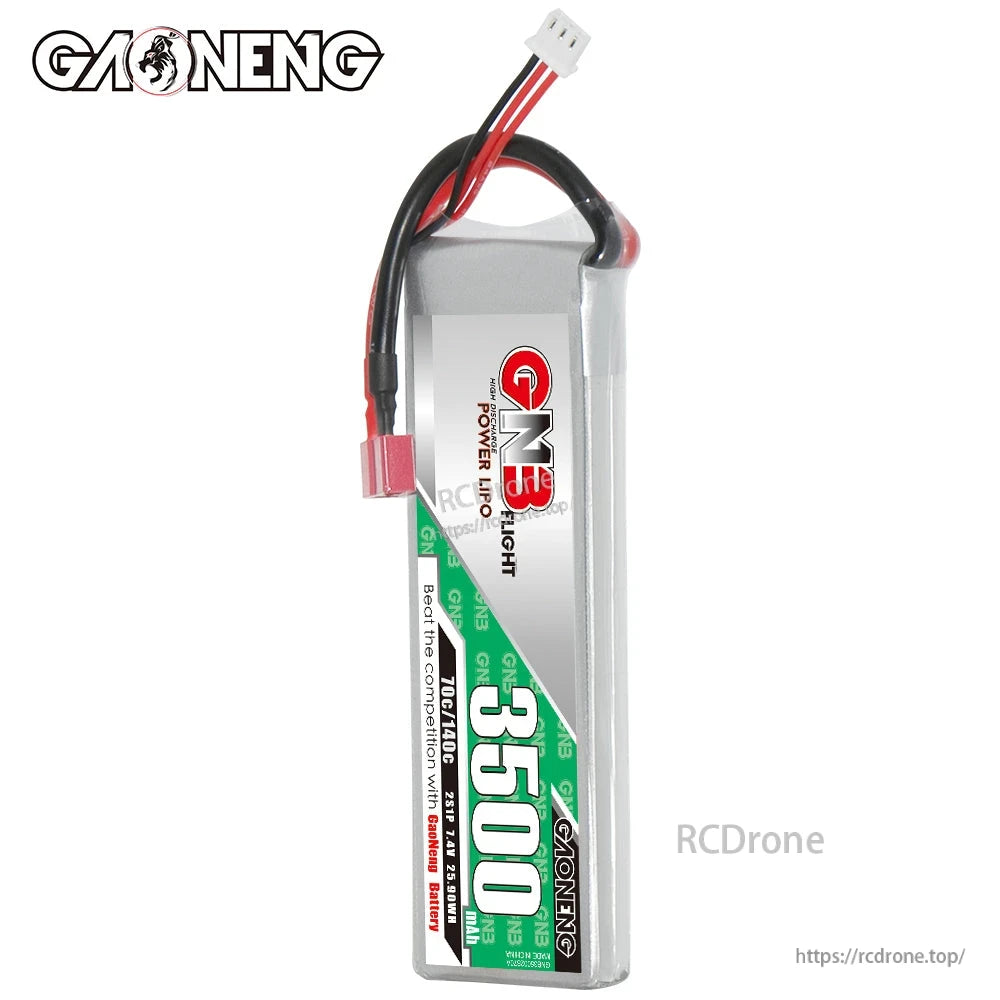 Upright side view of GAONENG GNB 3500mAh LiPo pack showing thickness and wire exit