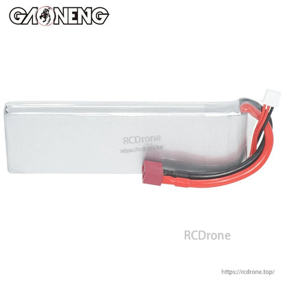 Back view of LiPo battery pack showing plain silver case and T-plug lead routing