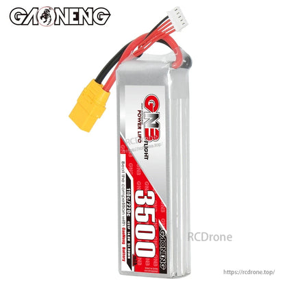 Side view of GNB 3500 LiPo battery showing thickness, wires, XT90 plug and balance connector