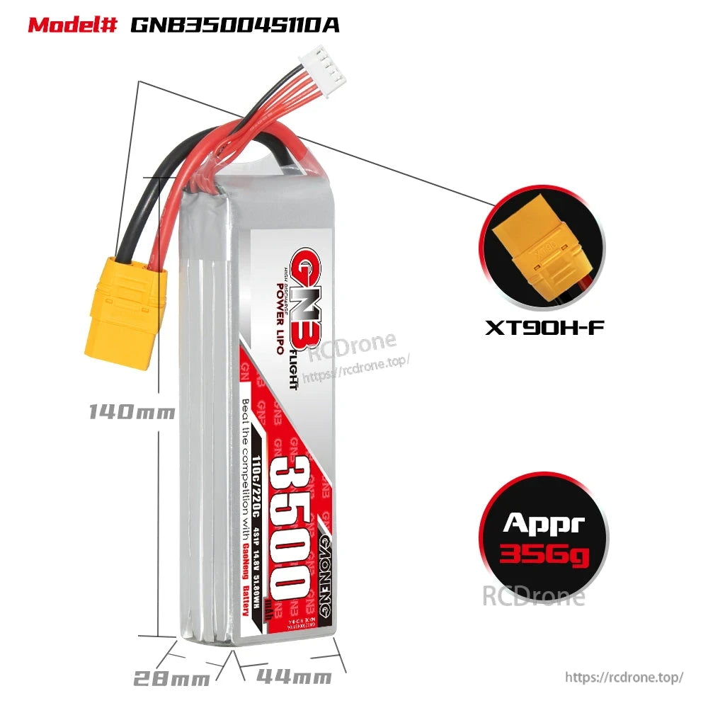GNB35004S110A battery size diagram 140×44×28mm with XT90H-F connector and approx 356g