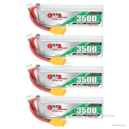 Four GNB 3500mAh LiPo battery packs stacked vertically, each with XT90 connector and balance lead