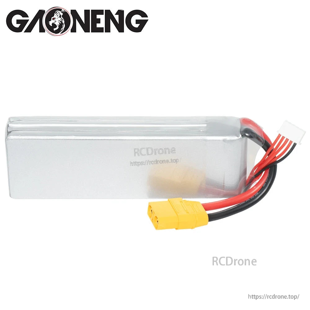 Side profile of silver LiPo battery pack showing wiring exit and XT90 power plug