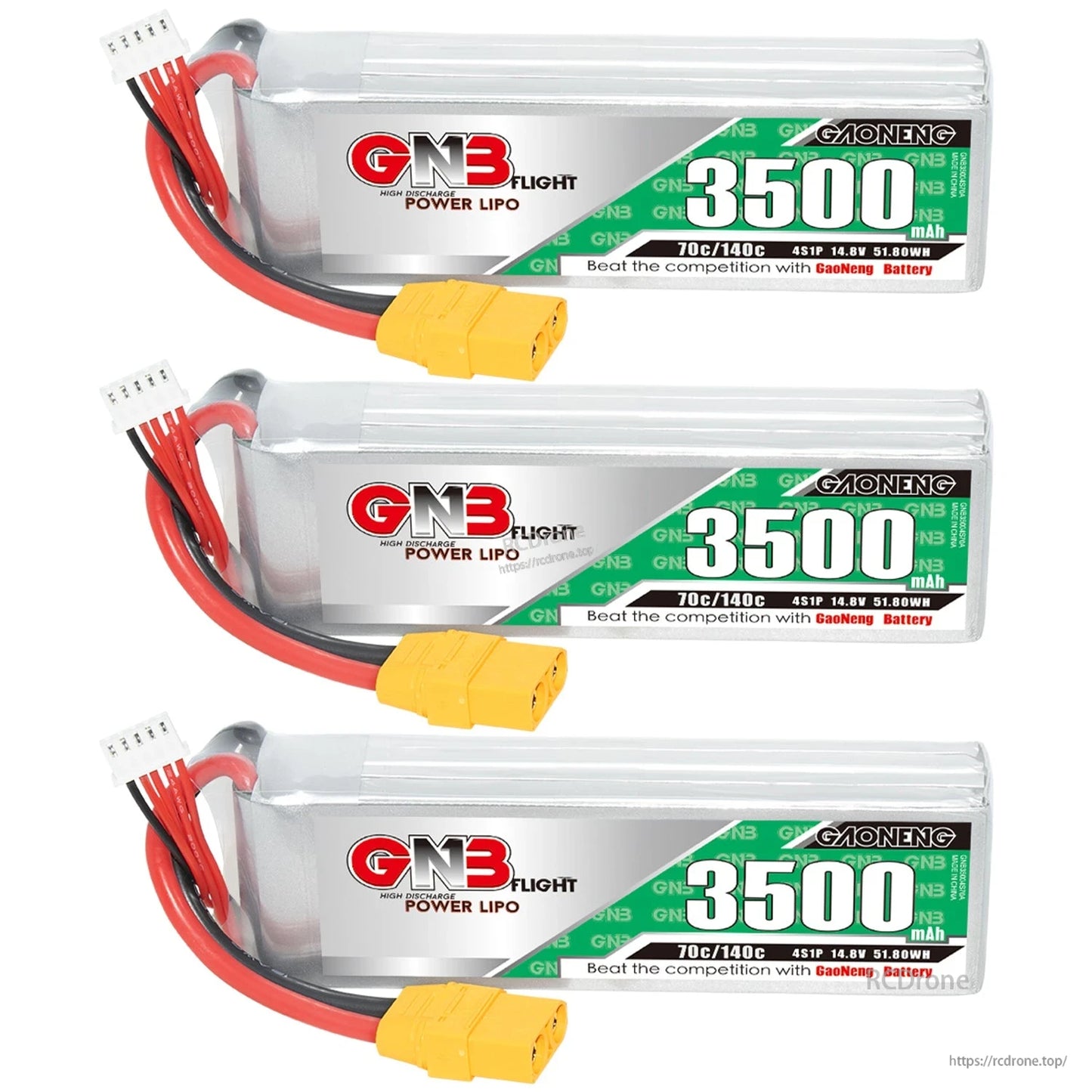 Three GNB 3500mAh LiPo batteries with XT90 connectors, side-by-side lineup