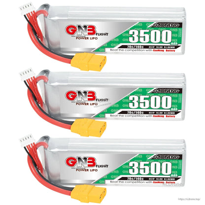 Three GNB 3500mAh LiPo batteries with XT90 connectors, side-by-side lineup