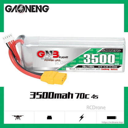GAONENG GNB35004S70A spec graphic showing 3500mAh 70C 4S 14.8V LiPo battery with XT90 plug