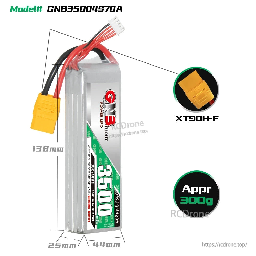 GNB35004S70A battery dimensions diagram 138×44×25mm with XT90H-F connector and approx 300g