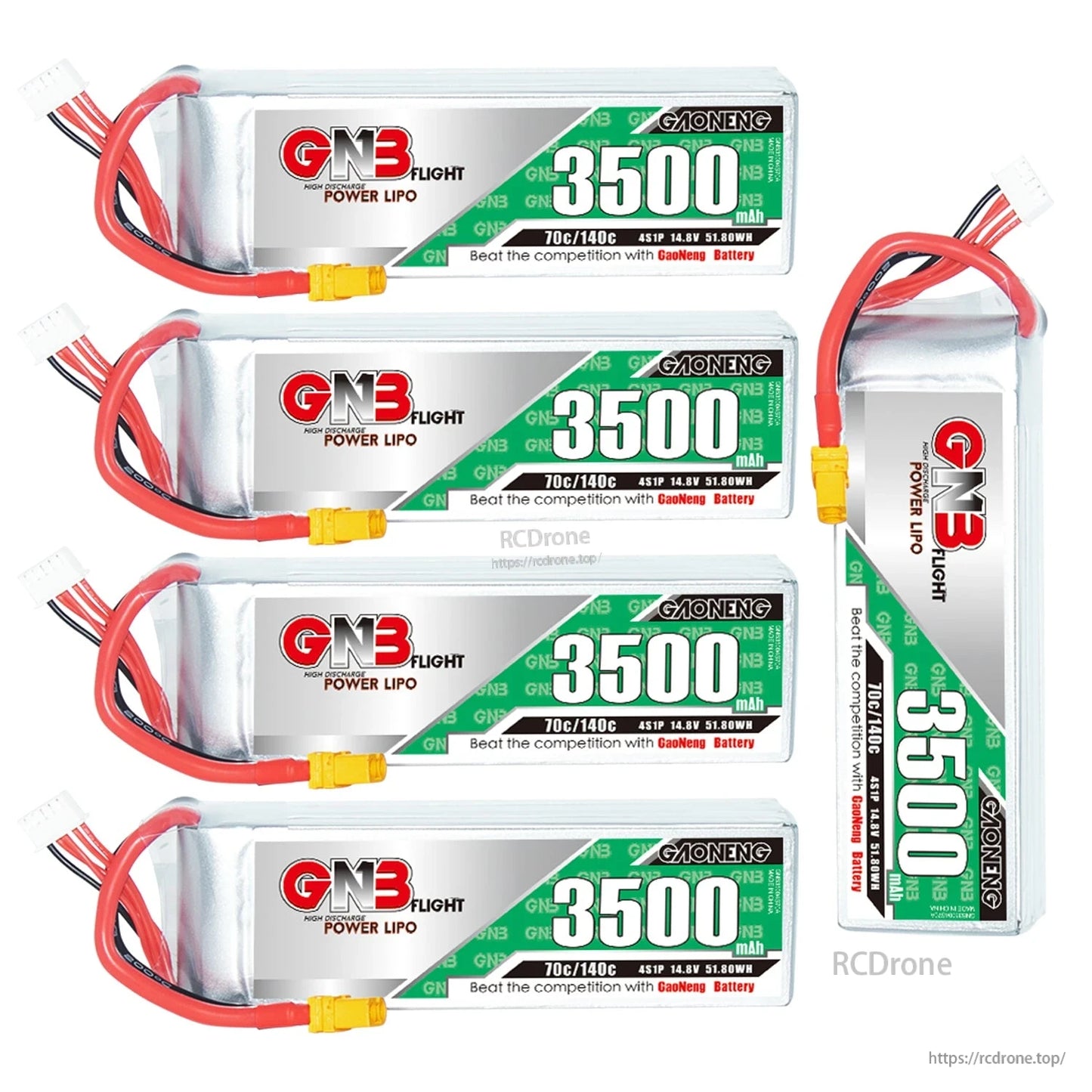Set view showing four batteries stacked plus one upright, highlighting label and connector leads