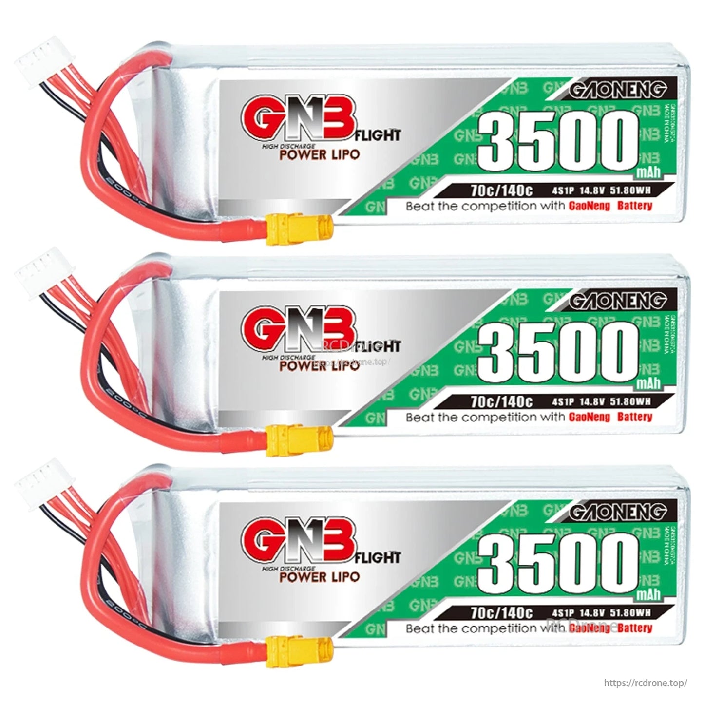 Three GNB 3500mAh LiPo batteries stacked horizontally with XT60 connectors and balance leads