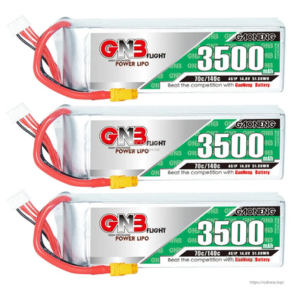 Three GNB 3500mAh LiPo batteries stacked horizontally with XT60 connectors and balance leads