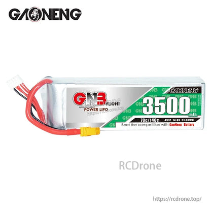 Side label close-up of GAONENG GNB 3500mAh 4S 14.8V 70C/140C LiPo with XT60 lead