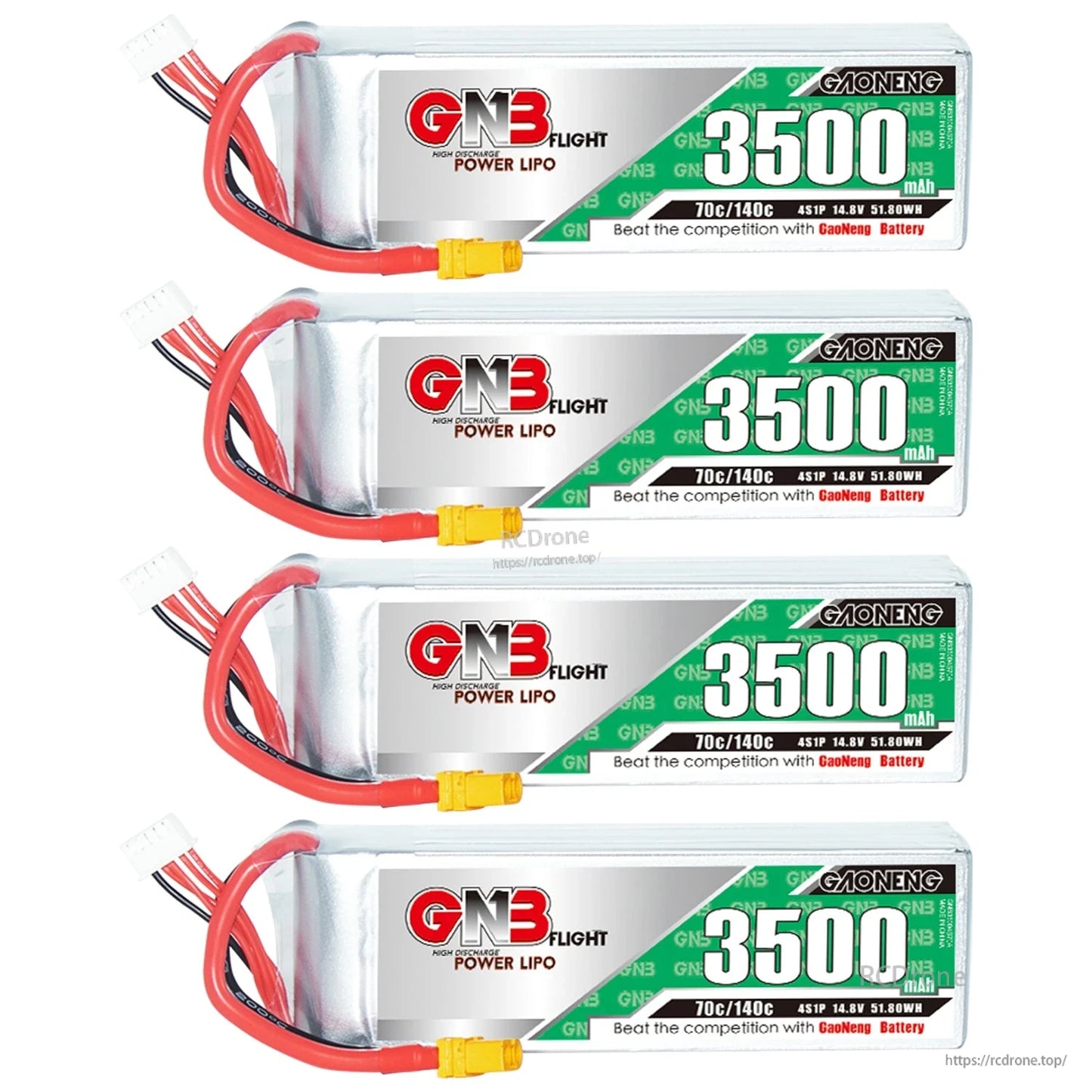 Four GNB 3500mAh LiPo batteries stacked on white background, XT60 connectors visible