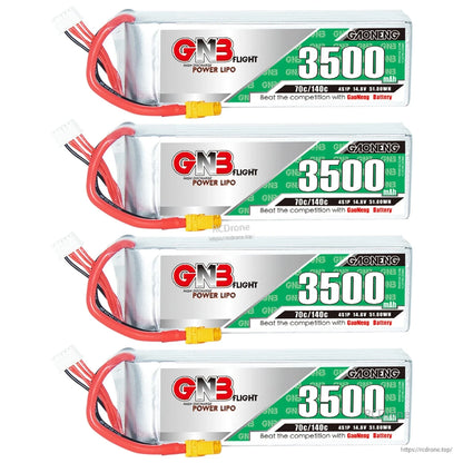 Four GNB 3500mAh LiPo batteries stacked on white background, XT60 connectors visible