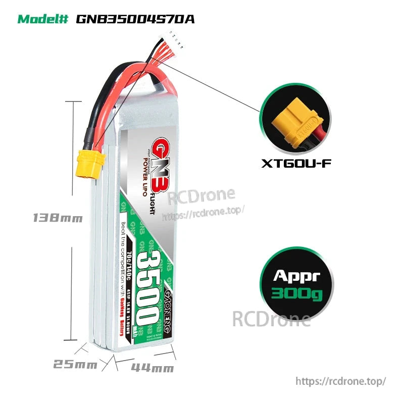 GNB35004S70A battery dimensions 138×44×25mm with XT60U-F connector callout and ~300g note