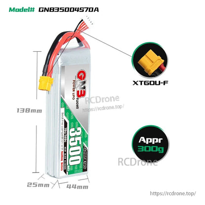 GNB35004S70A battery dimensions 138×44×25mm with XT60U-F connector callout and ~300g note