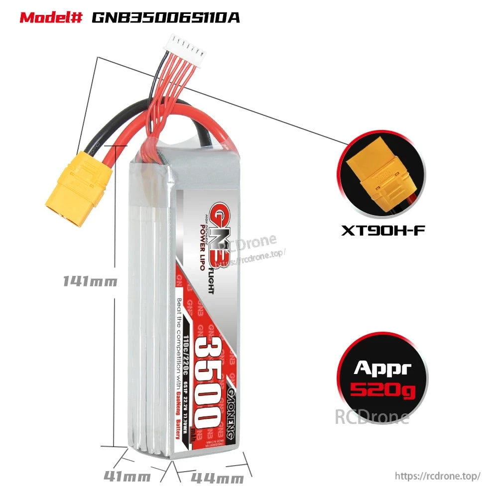Dimension and connector chart for GNB35006S110A LiPo battery, XT90H-F plug, approx 520g