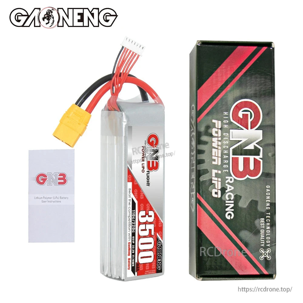 Package contents: GNB 3500mAh battery, retail box, and LiPo battery user instructions leaflet