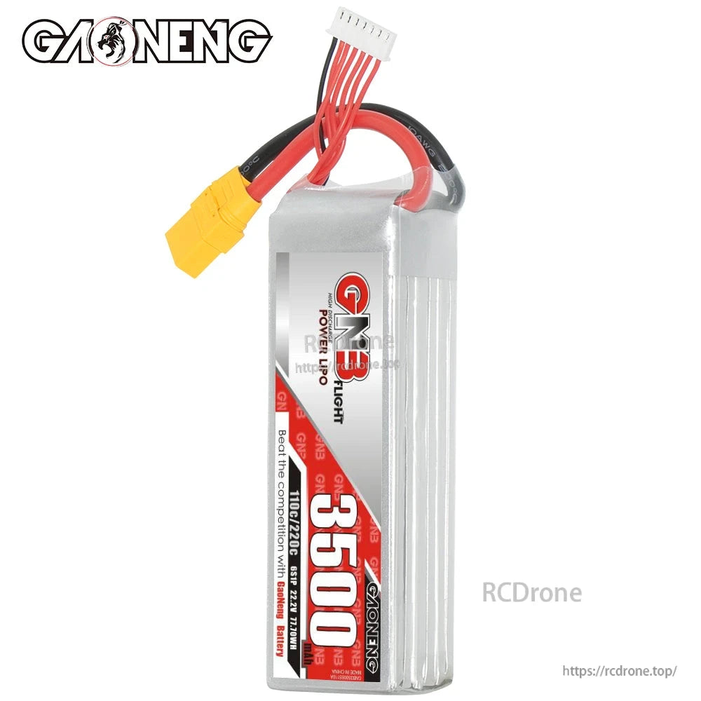 Single battery standing upright, front label view with XT90 power lead and 6S balance connector