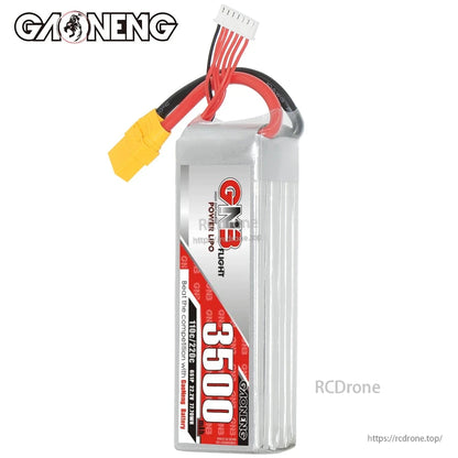 Single battery standing upright, front label view with XT90 power lead and 6S balance connector