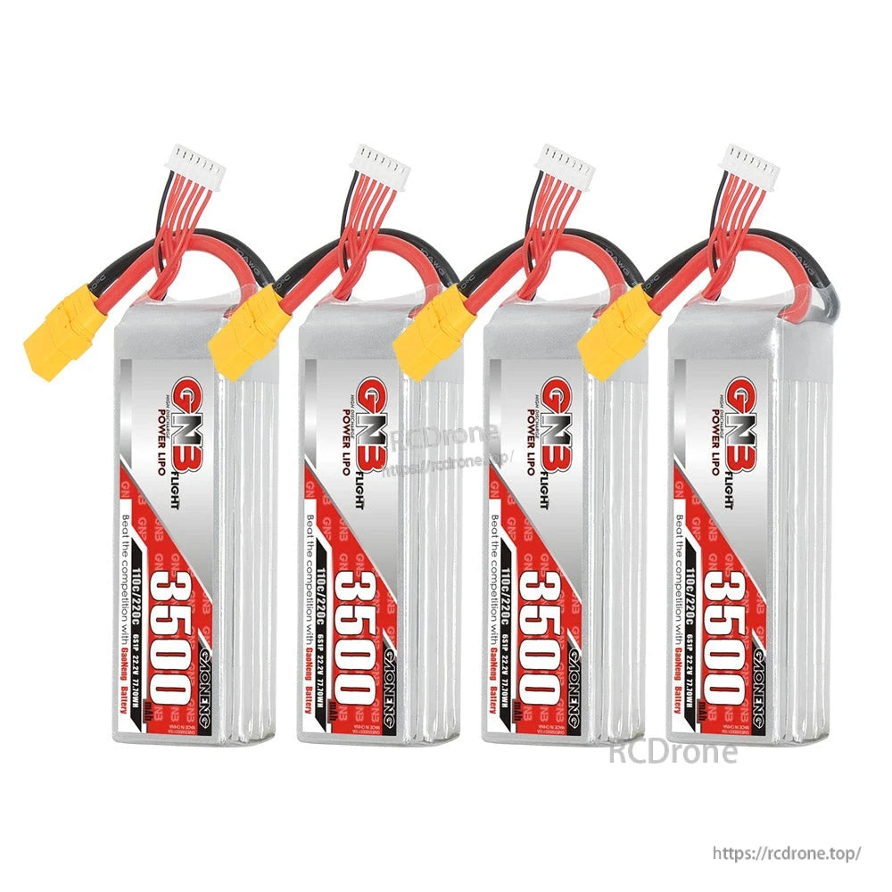 Four GNB 3500mAh LiPo batteries lined up, upright label views with XT90 connectors