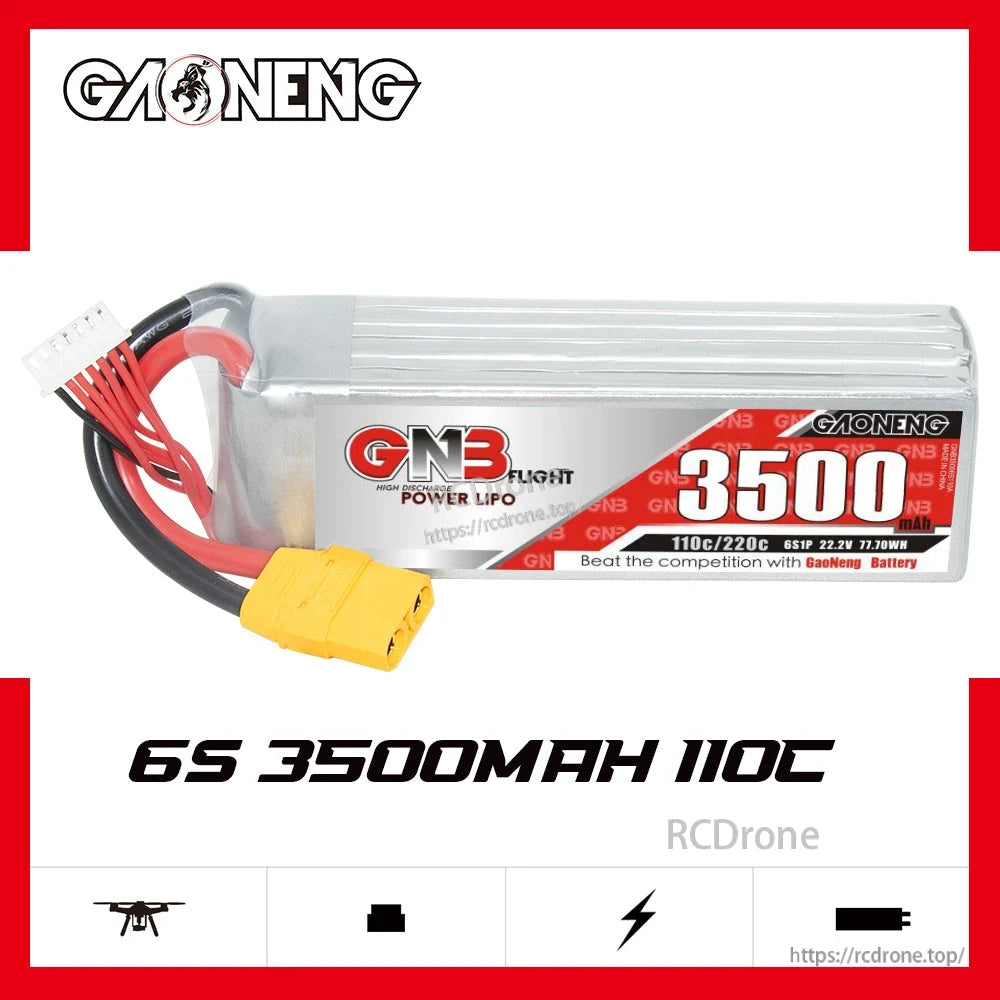 GNB 6S 3500mAh 110C LiPo battery product graphic with side profile and model branding
