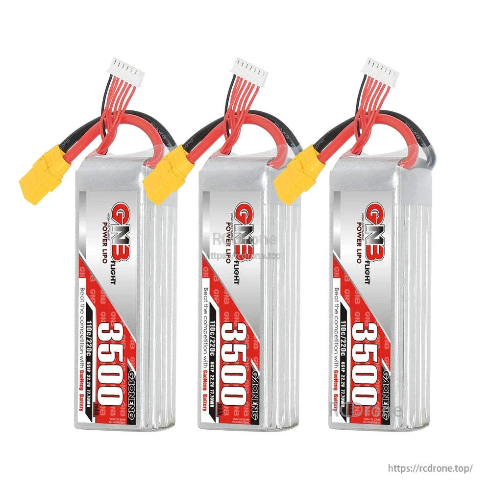 Three GNB 3500mAh LiPo batteries grouped together, upright label views with XT90 leads
