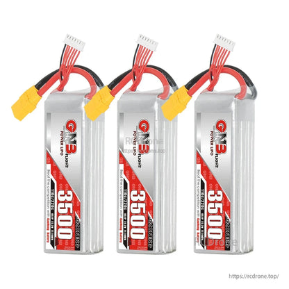 Three GNB 3500mAh LiPo batteries grouped together, upright label views with XT90 leads