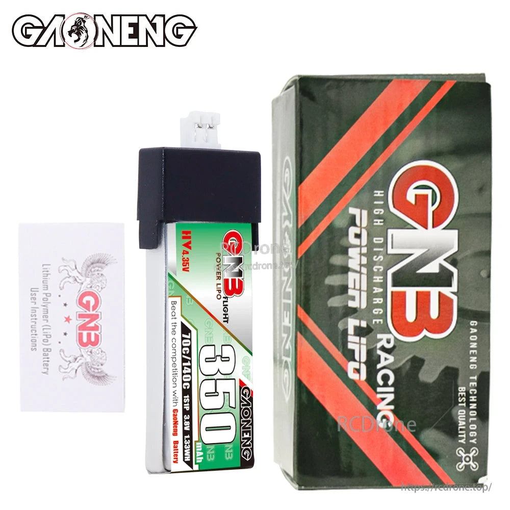 GNB 350 battery shown with retail box and instruction card (package contents)