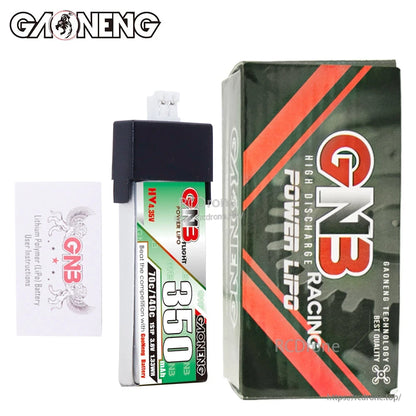 GNB 350 battery shown with retail box and instruction card (package contents)