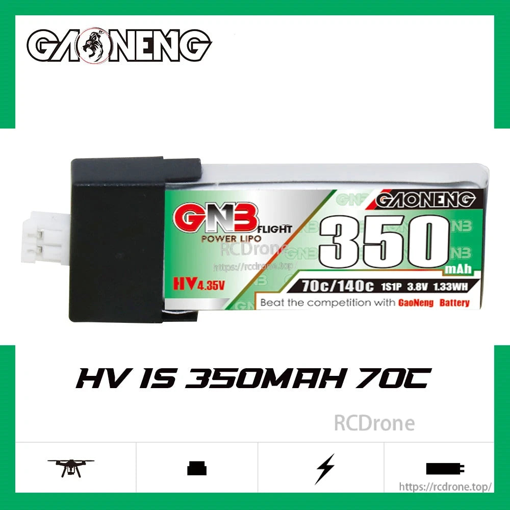 GAONENG GNB3501S70PHV LiHV 1S 350mAh 70C battery on spec graphic, side view