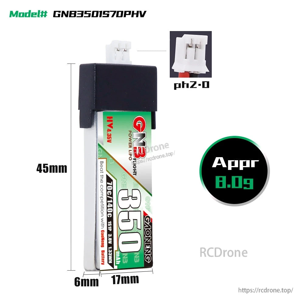 GNB3501S70PHV battery dimensions diagram (45mm length, 17mm width, 6mm thick) with PH2.0