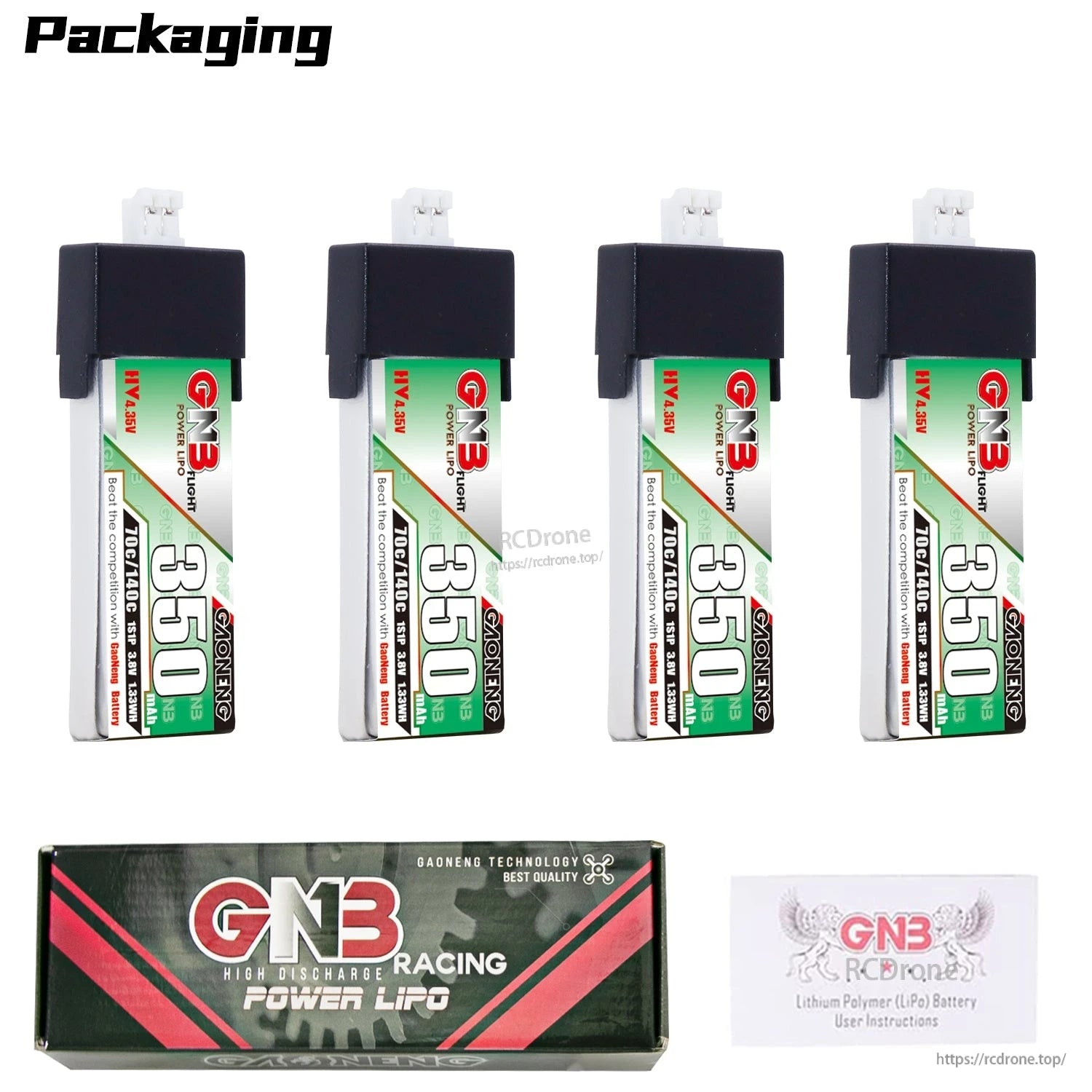 Packaging display with 4 batteries, GNB Racing box, and user manual card
