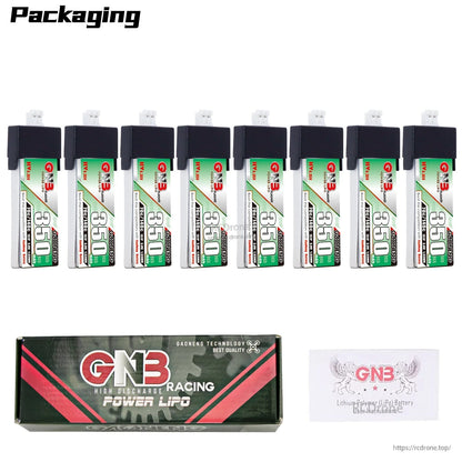 Packaging display with 8 batteries, GNB Racing box, and user manual card