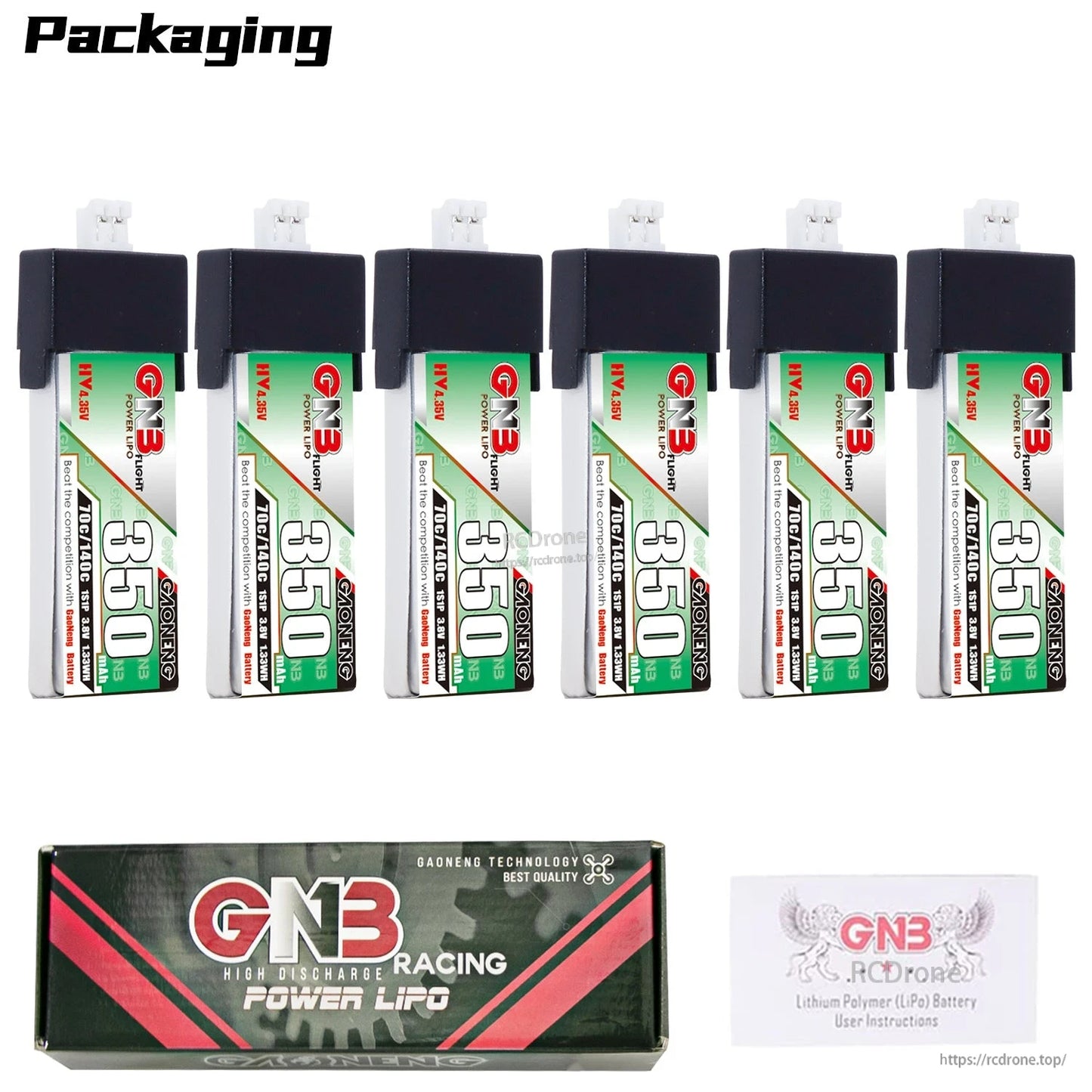 Packaging display with 6 batteries, GNB Racing box, and user manual card