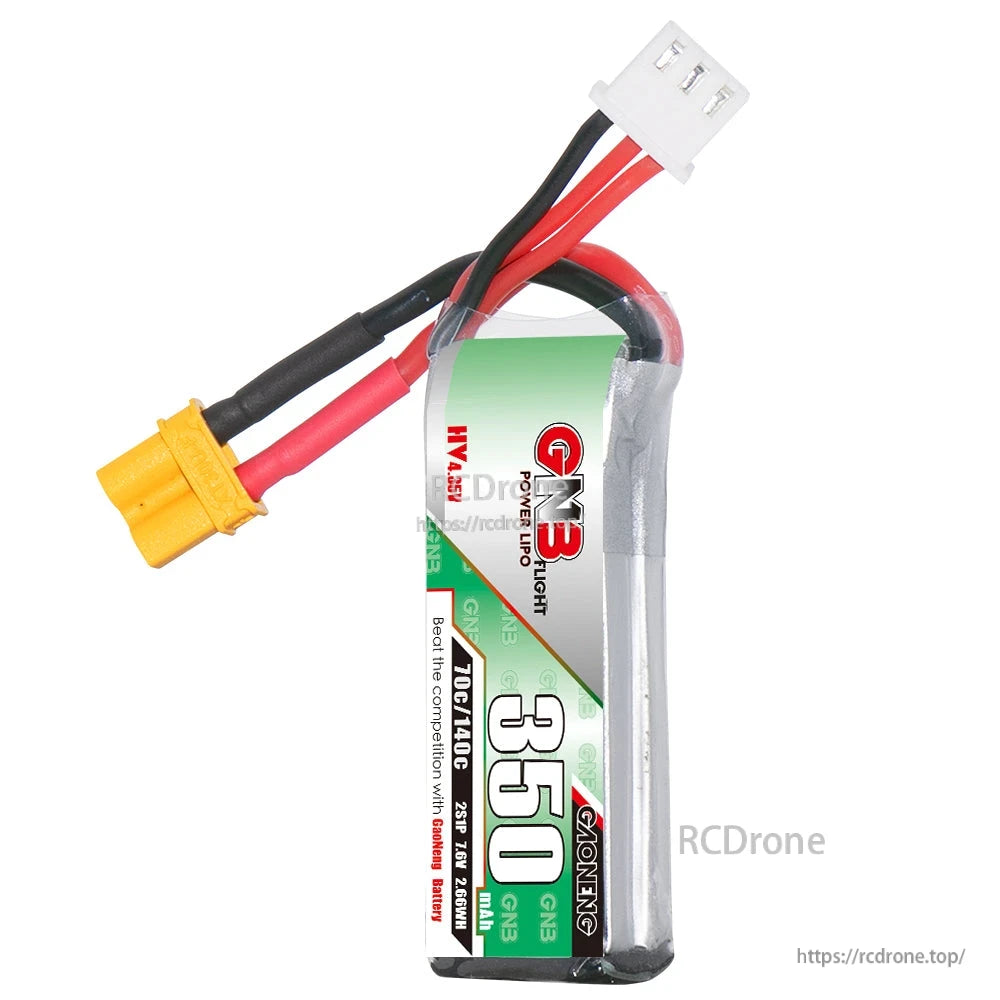 Side profile of GNB 350mAh LiHV battery with XT30 plug and 2S balance connector