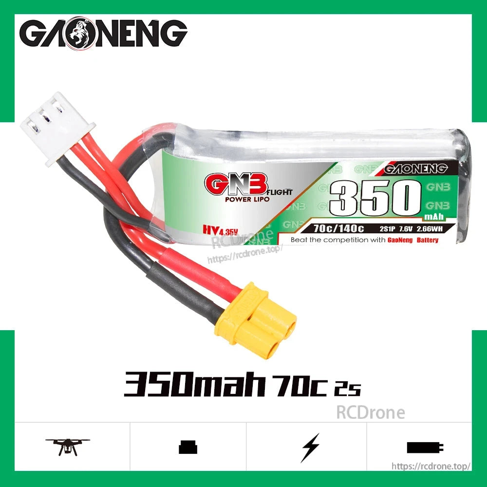GAONENG GNB350 2S LiHV battery product graphic showing 350mAh 70C rating and leads