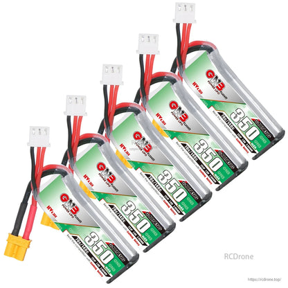 Five GNB 350mAh LiHV batteries arranged in a row, each with XT30 connector and balance plug