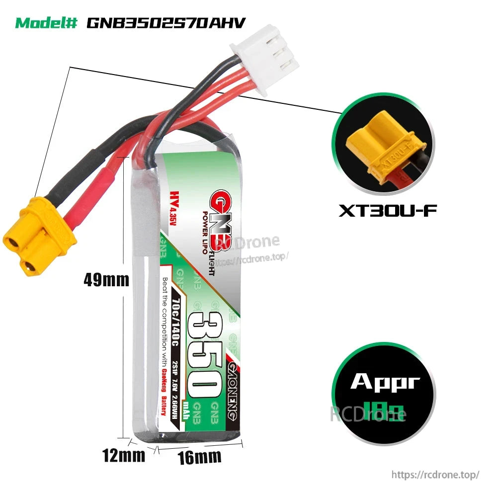 Battery size diagram for GNB3502S70AHV showing 49mm length and XT30U-F connector detail