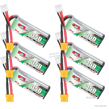 Six GNB 350mAh batteries shown in two columns, angled layout with yellow XT30 connectors