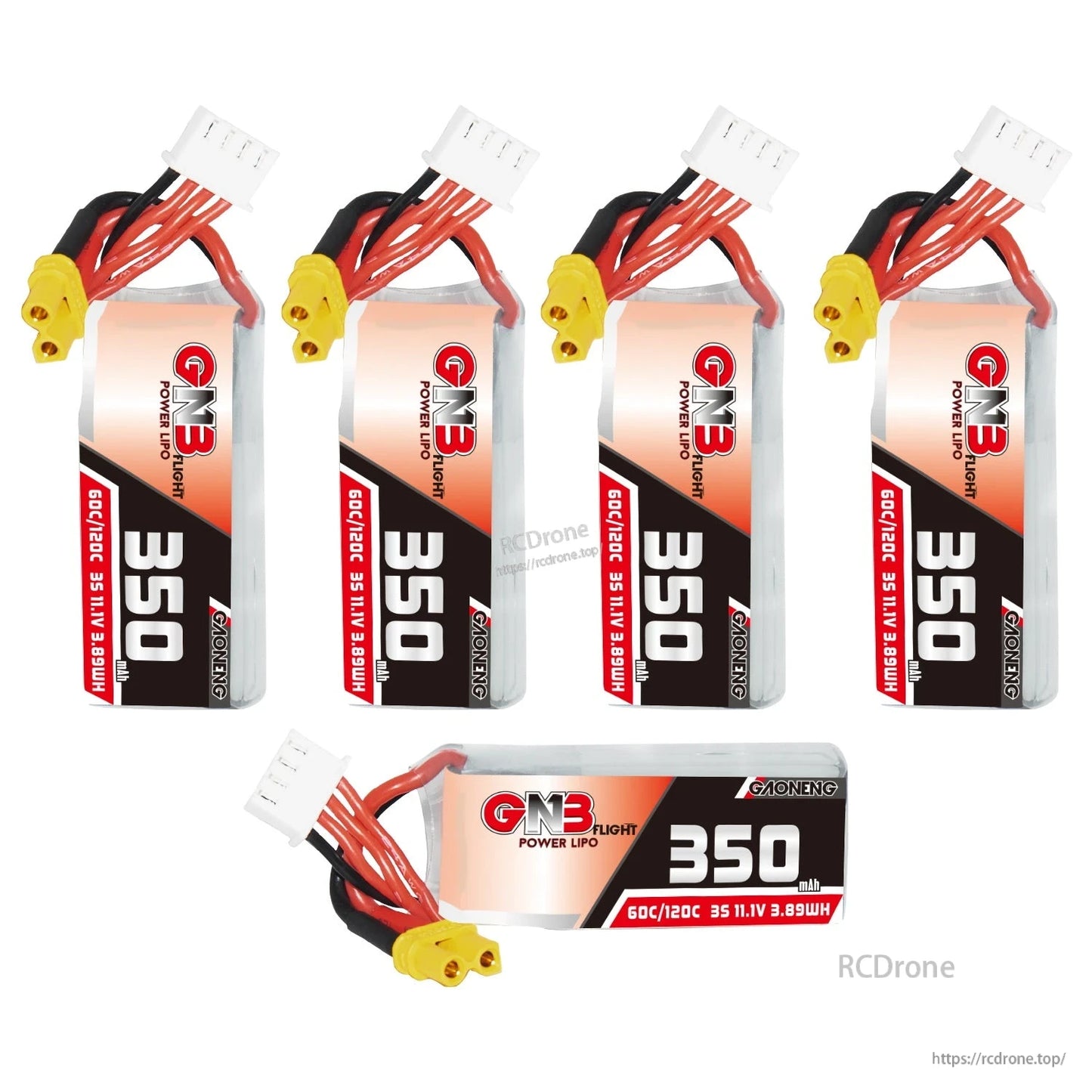 Five GNB 350mAh 3S LiPo batteries shown, four upright and one horizontal, all with XT30 connectors