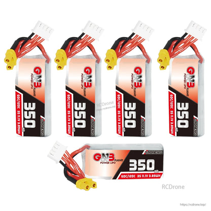 Five GNB 350mAh 3S LiPo batteries shown, four upright and one horizontal, all with XT30 connectors