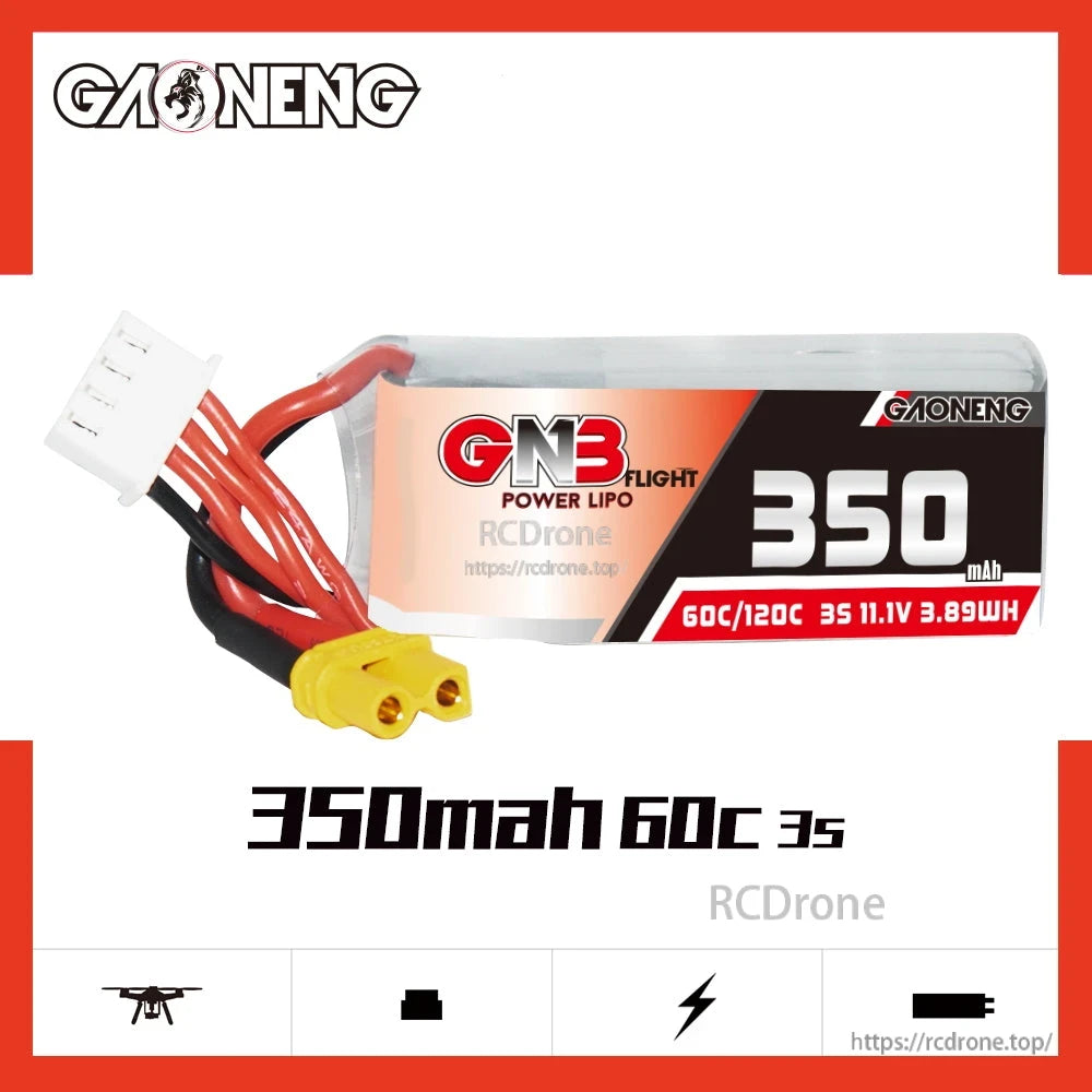 Product graphic for GAONENG GNB 350mAh 60C 3S battery with XT30 connector shown