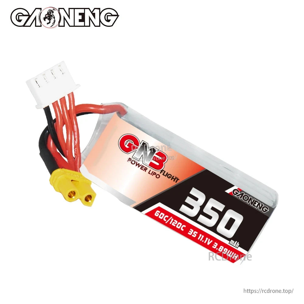 Side angle of 350mAh LiPo battery showing GN3 Flight label, XT30 power plug, and white balance connector